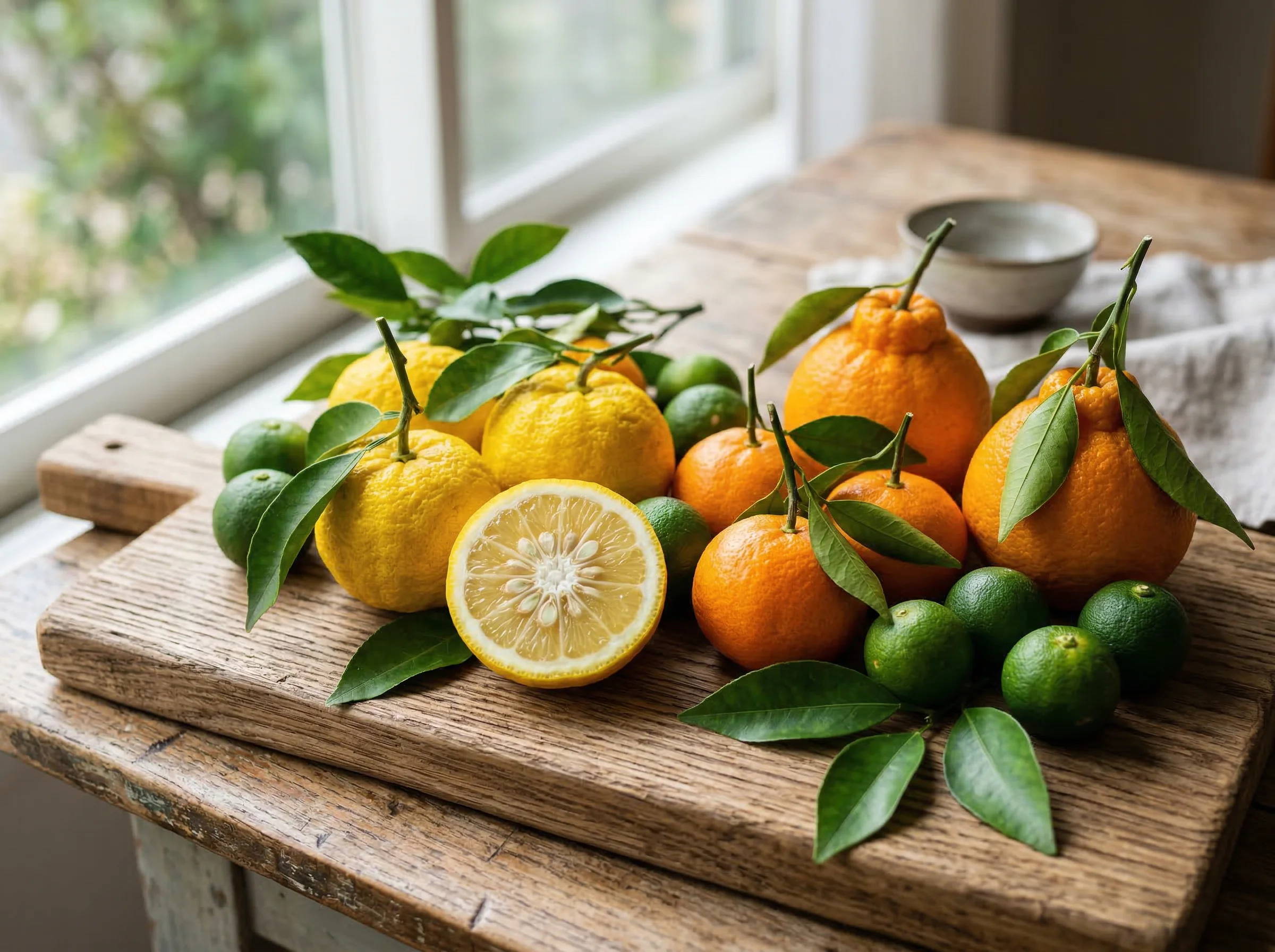 Japanese citrus fruits including yuzu, mikan, and sudachi arranged on rustic wooden board