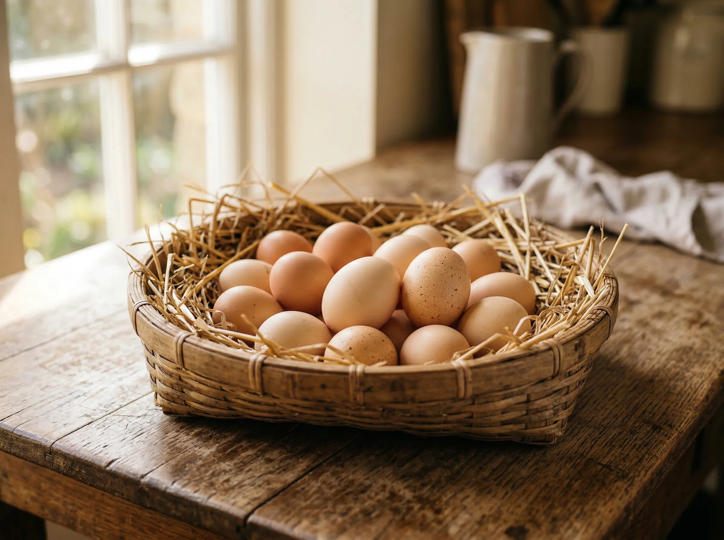 Fresh free-range eggs in a bamboo basket lined with straw on a rustic farm table