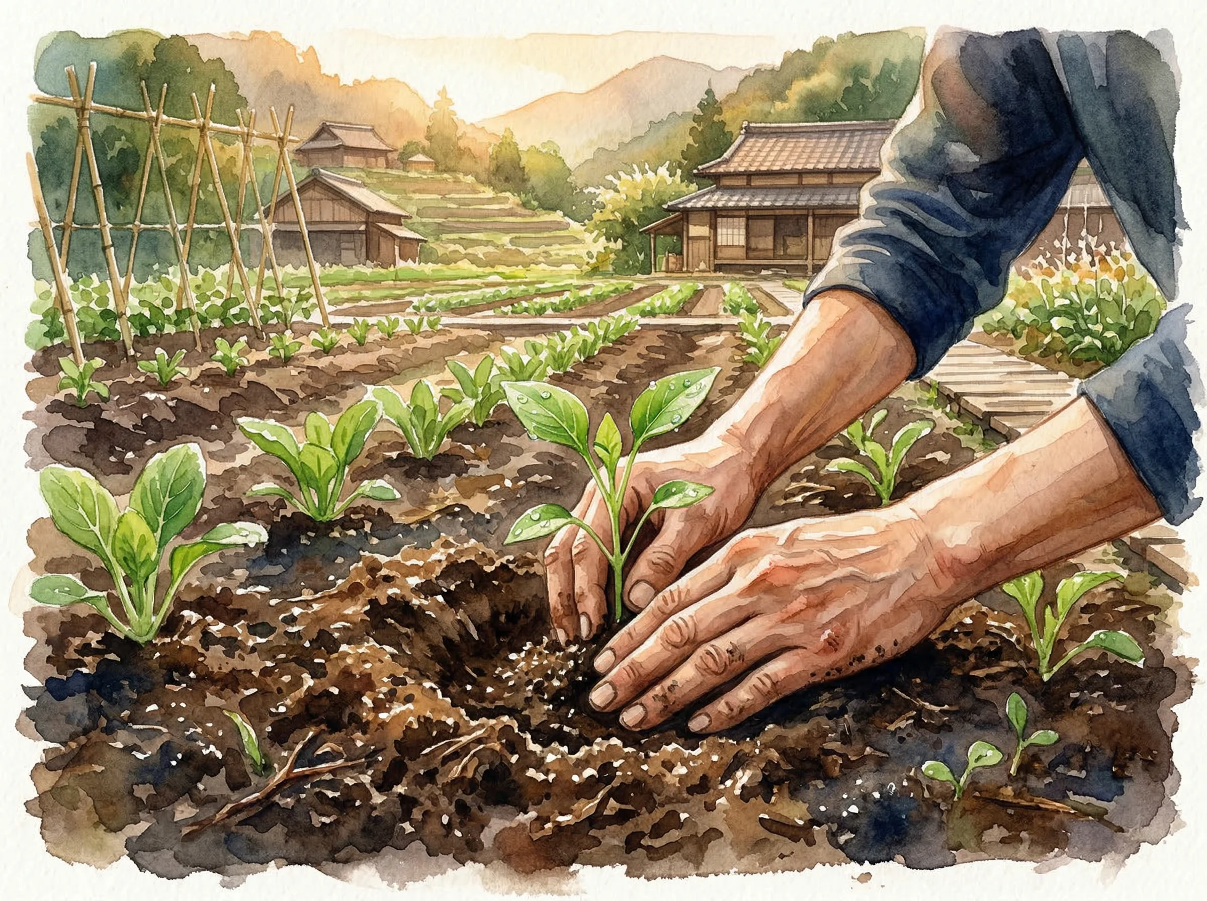 Watercolor illustration of hands planting seedlings in rich volcanic soil at a Japanese organic farm