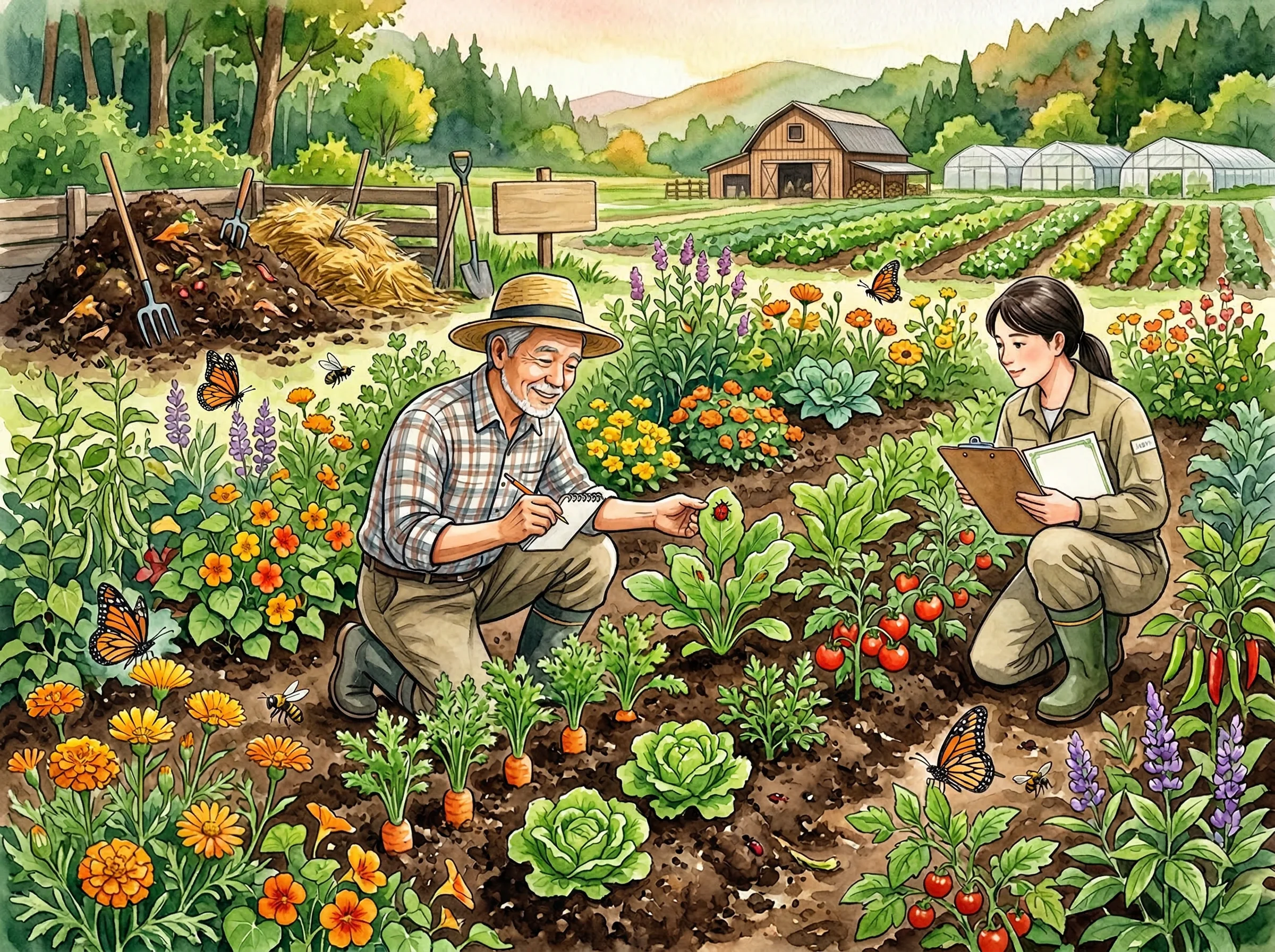 Watercolor illustration of organic farm biodiversity with companion planting, butterflies, and composting