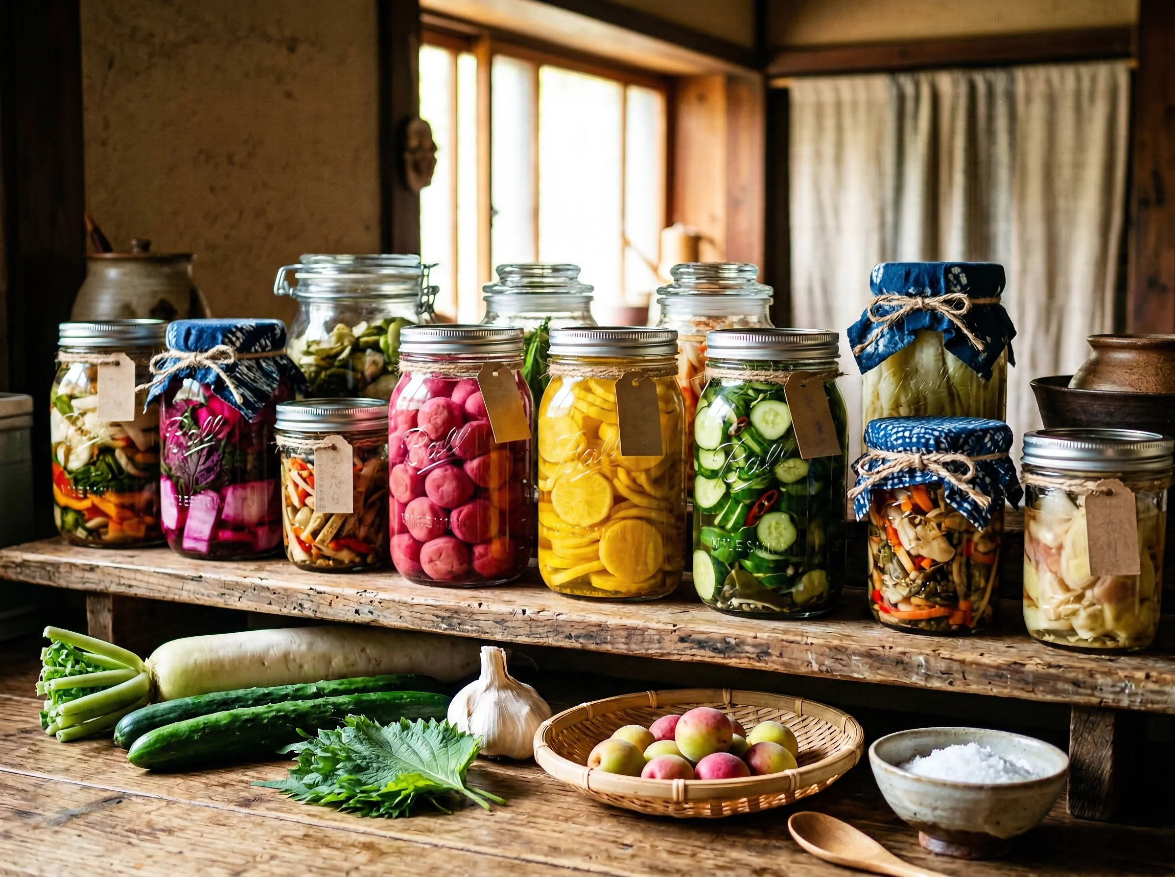 Colorful jars of Japanese pickled vegetables and preserved produce on a rustic shelf