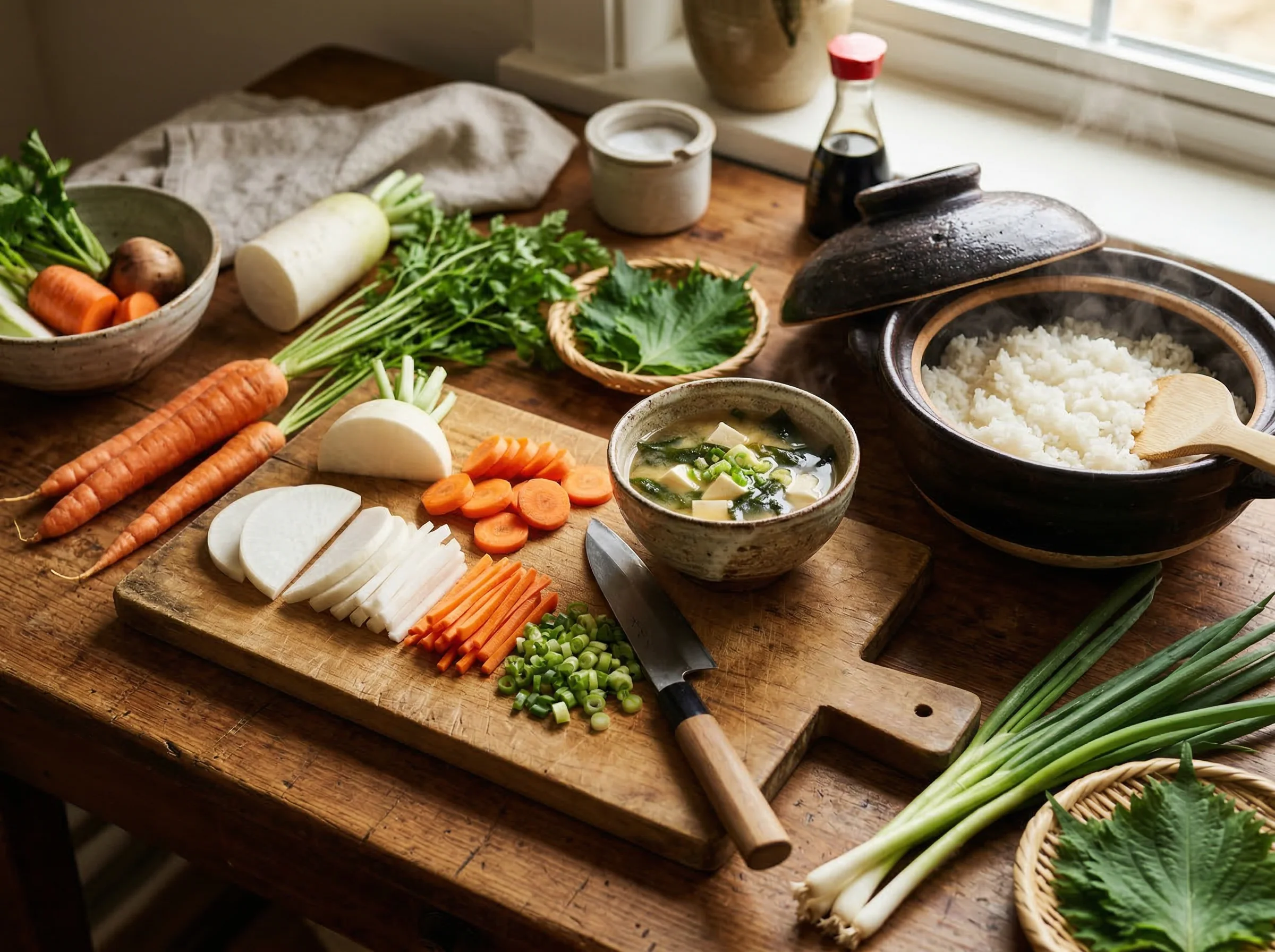 Japanese home cooking scene with fresh organic vegetables, miso soup, and steaming rice on a rustic wooden table